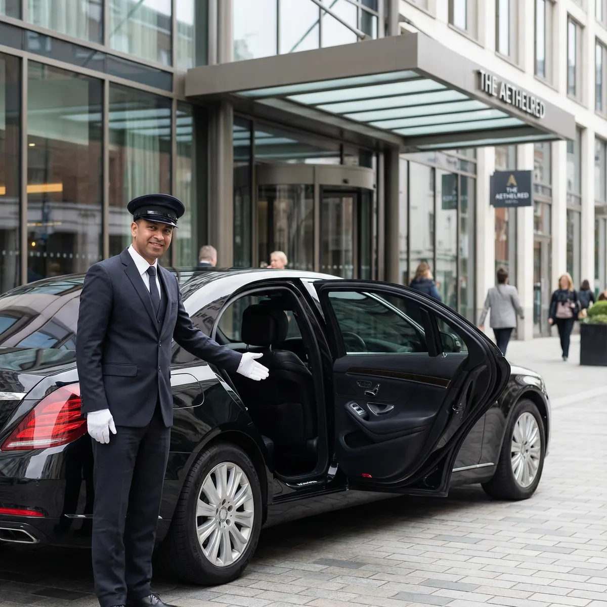 Uniformed chauffeur opening a car door
