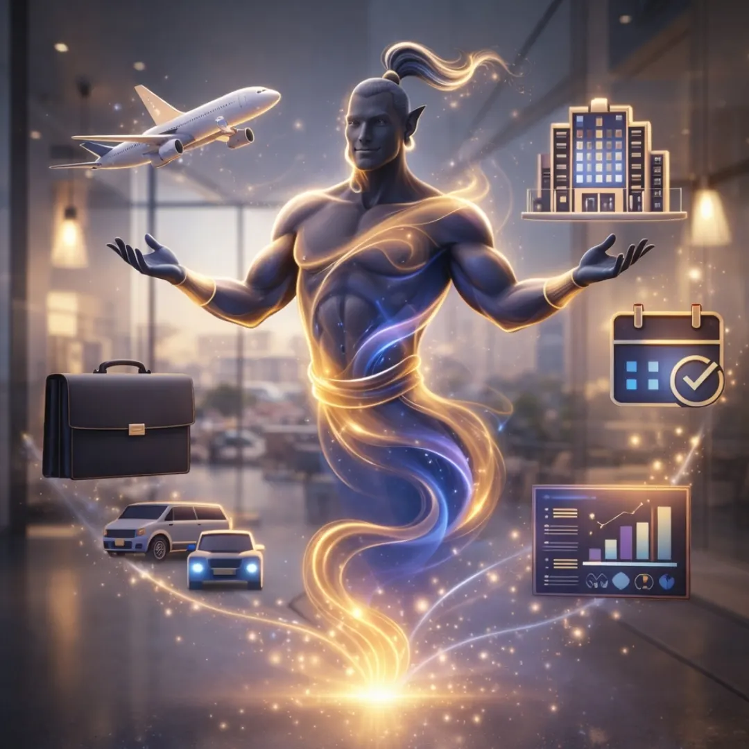 The Travgenie genie conjuring flights, hotels, cars and reporting dashboards around a business traveller
