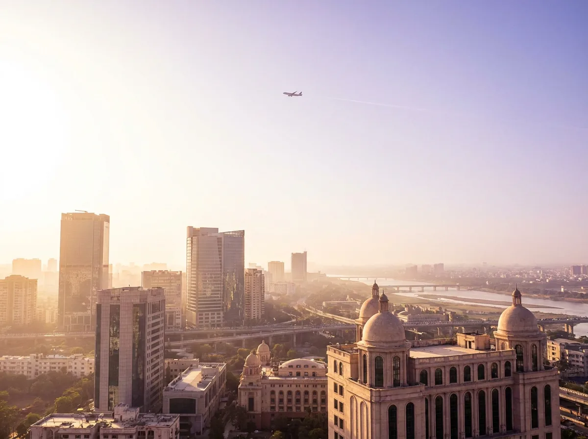 A pan-Indian city skyline at sunrise, a domed heritage building in the foreground and an aircraft climbing above the haze