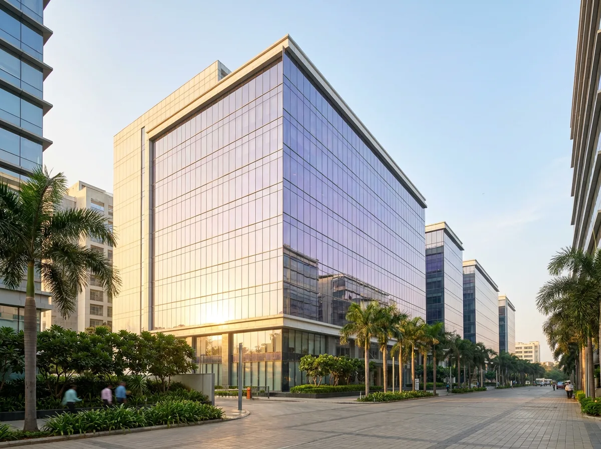 A glass-fronted corporate office building among palms at golden hour
