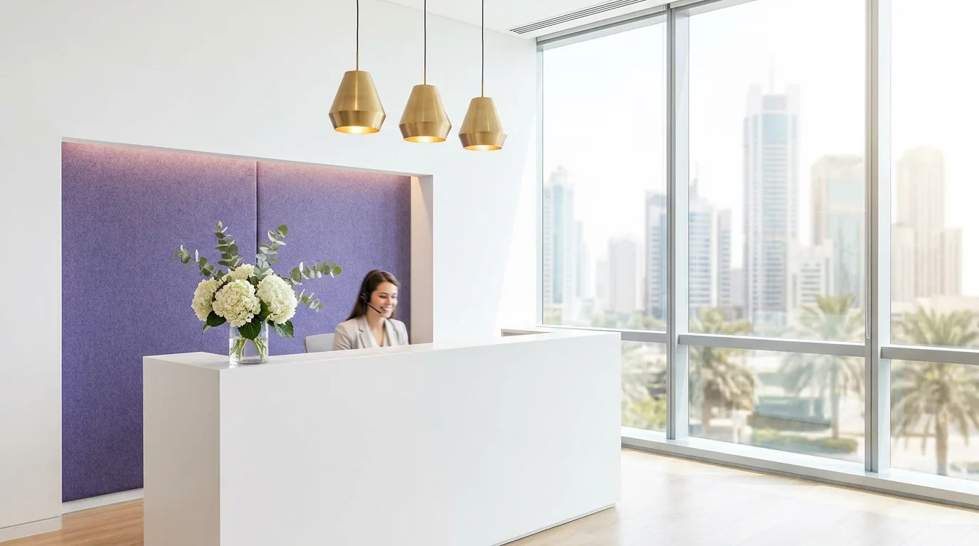 Office reception desk against a purple upholstered wall under brass pendants, with a city skyline through floor-to-ceiling windows