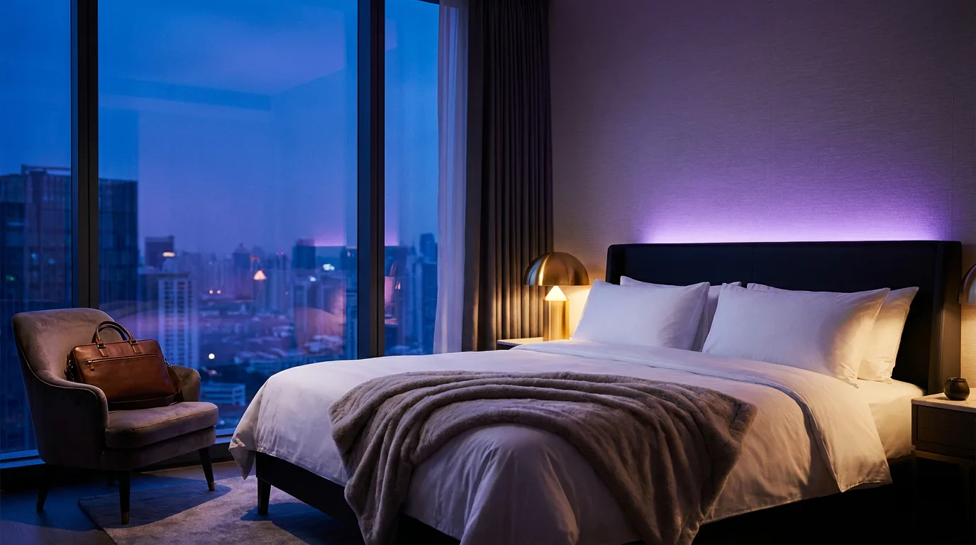 A hotel room at dusk, bed made, city towers lit through the window
