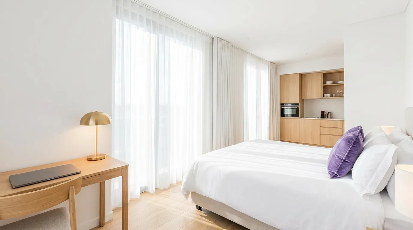 Bright serviced apartment living area with a sofa, dining table and floor-to-ceiling windows onto a city skyline