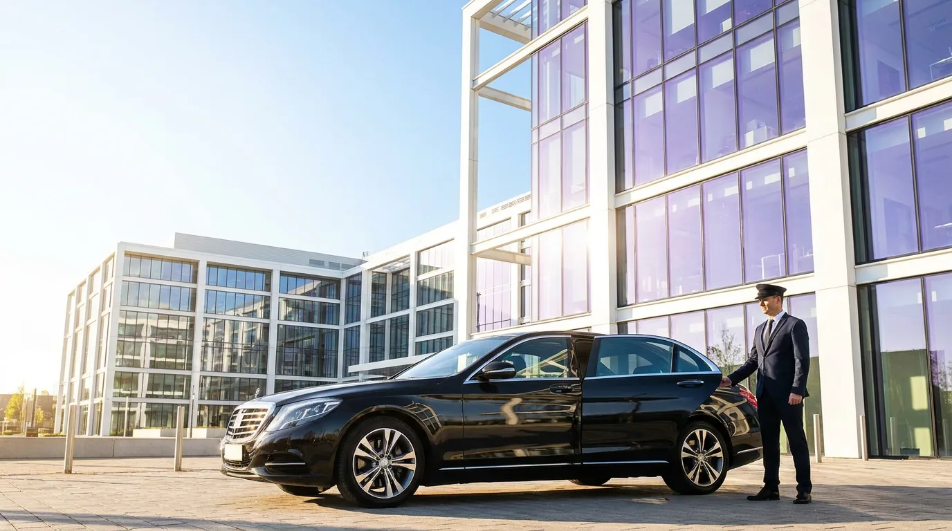 Chauffeur holding open the rear door of a black executive sedan outside a glass office tower
