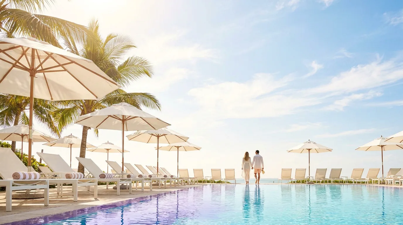 Poolside loungers and cream parasols under palm trees beside an infinity pool