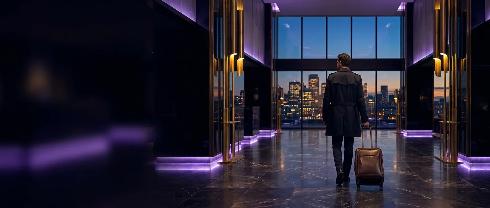 Business travellers with cabin bags walking through a sunlit, glass-walled airport concourse