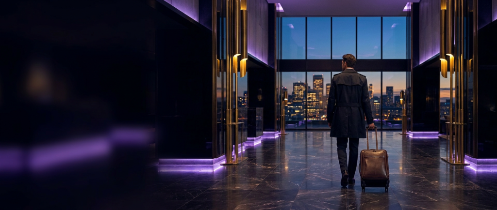 Business traveller crossing a marble hotel lobby at dusk, city skyline beyond the glass