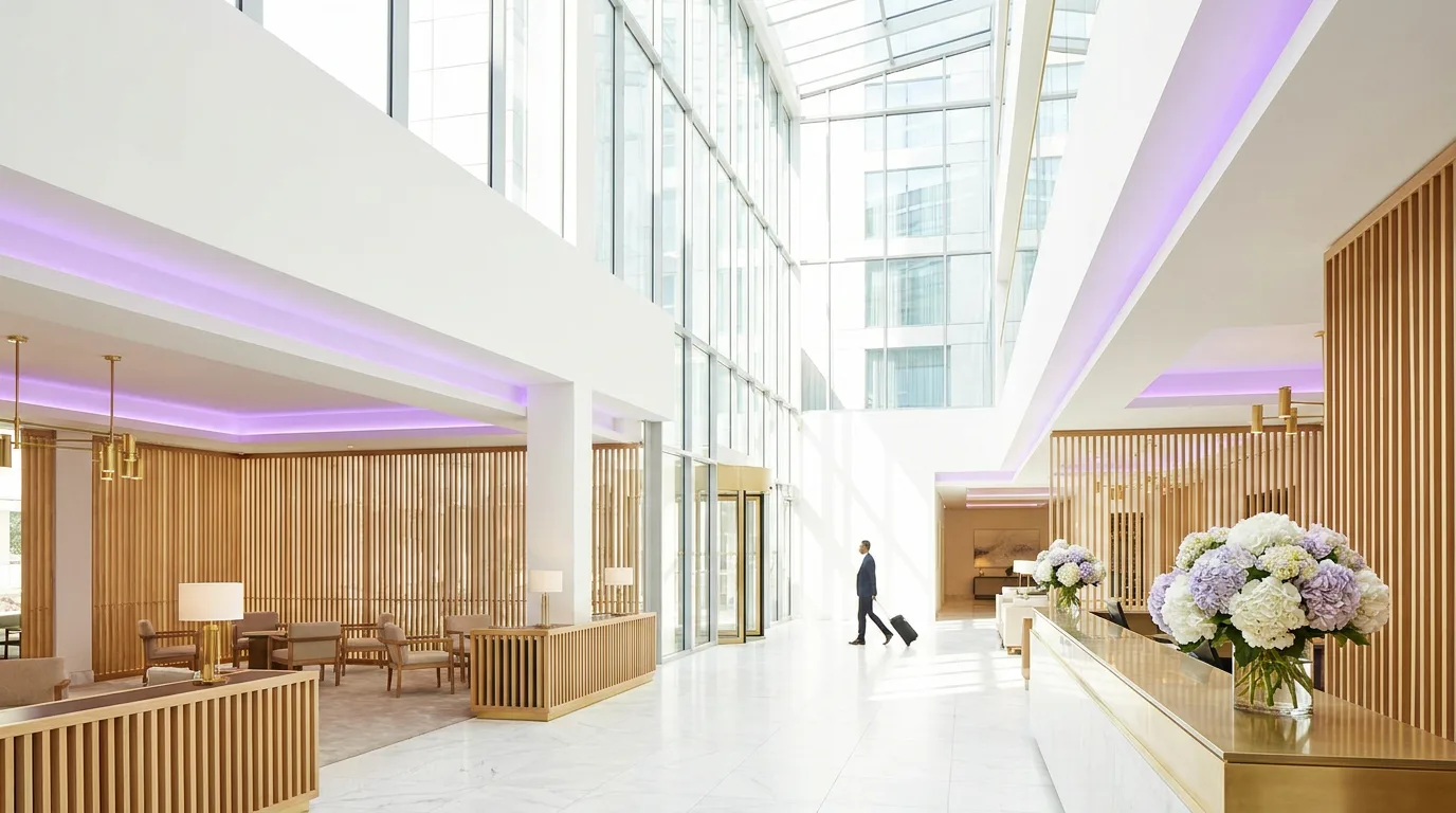 Double-height hotel lobby under a glass atrium, pale timber screens and lilac cove lighting, a traveller crossing the marble floor with a suitcase