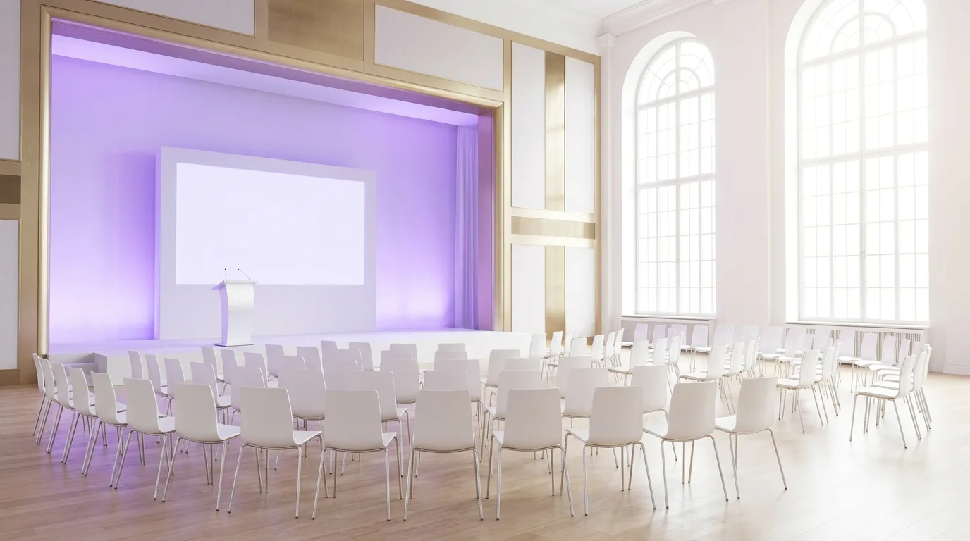 Conference hall set with rows of white chairs under tall arched windows, the stage wall washed in purple