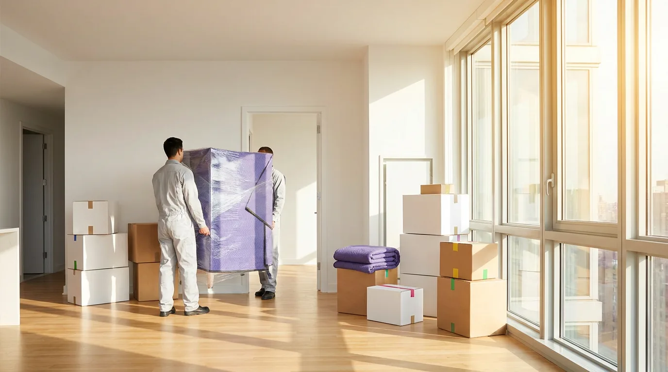 Two movers in uniform carrying wrapped furniture through a bright apartment stacked with packing boxes