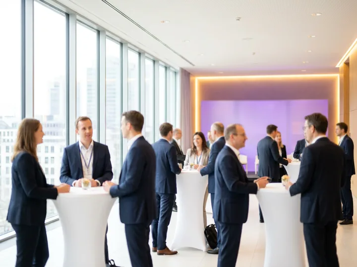 Business guests talking around tall white tables in a glass-walled room lit purple at one end