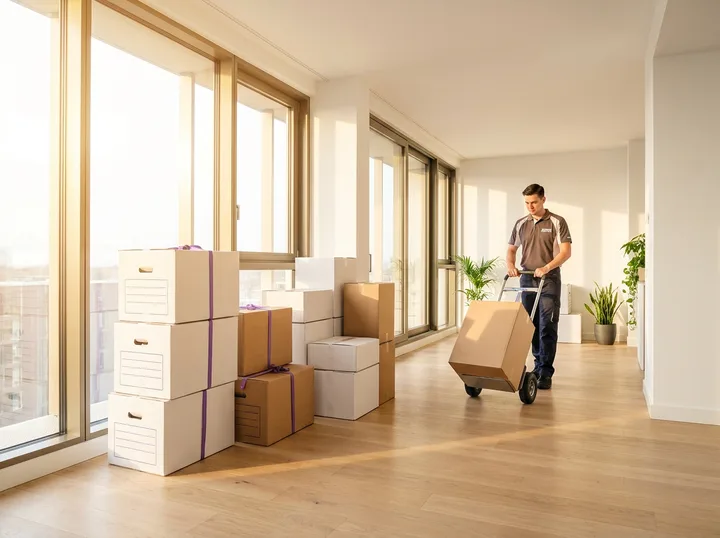 A mover wheeling a stack of cartons through a bright, empty apartment