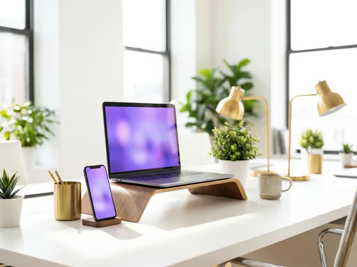 A laptop and phone on a bright desk, both screens lit purple, among plants and brass lamps