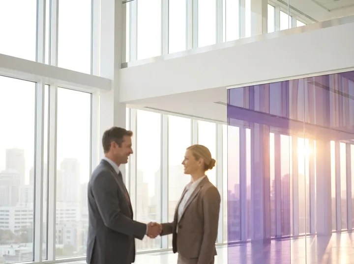 Two people shaking hands in a bright glass atrium beside a purple curtain wall